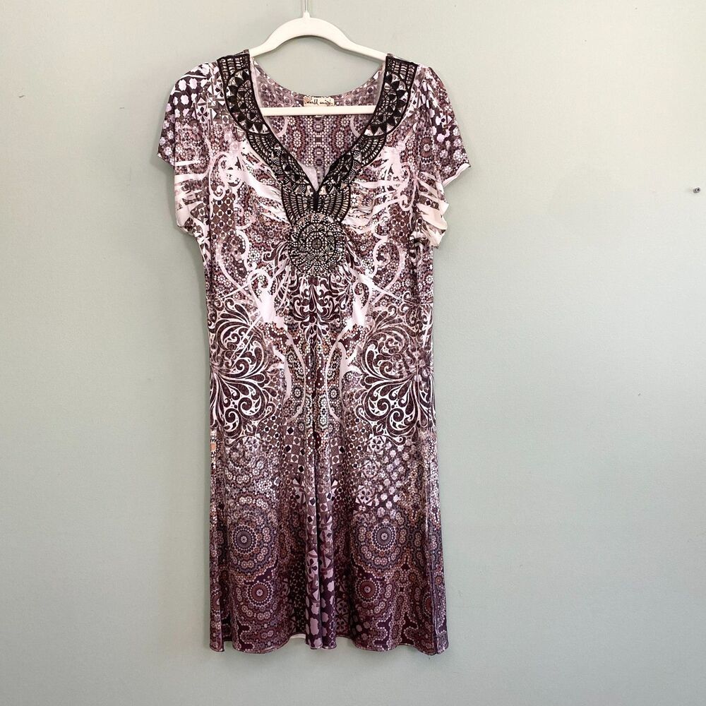 World Unity Dress Womens Large Brown Stretch Flutter Sleeve Sparkle Boho
